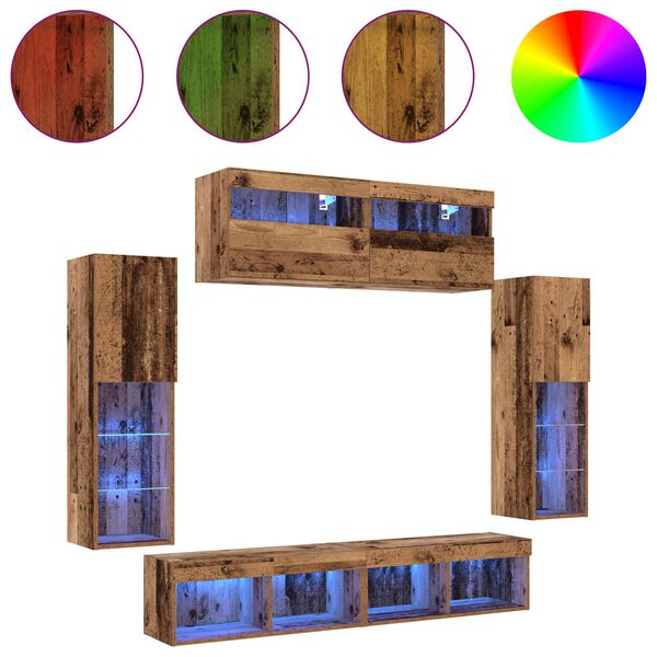 vidaXL TV-Schrankset mit LED-Lichtleisten 6 pcs Altholz Holzwerkstoff
