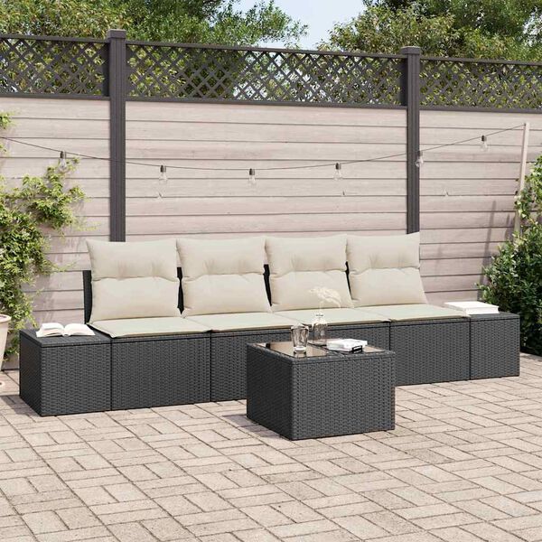 vidaXL Garten-Sofa-Set mit Kissen 5 pcs Schwarz und Creme Poly-Rattan