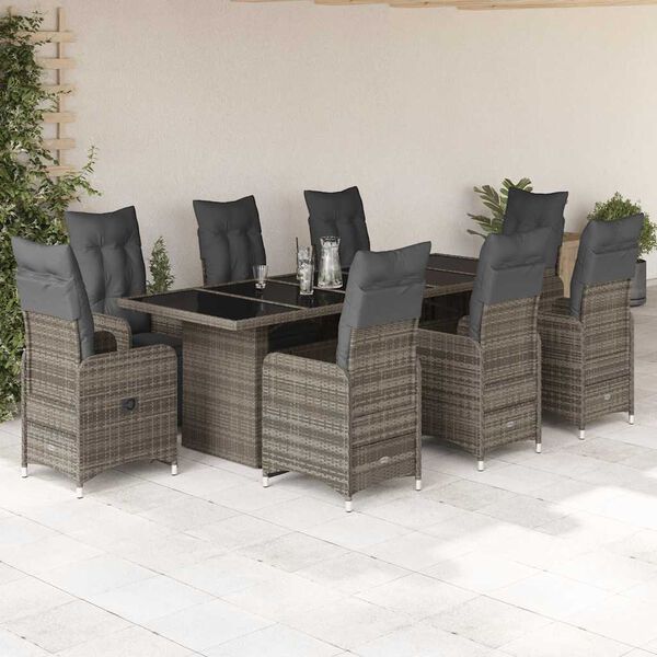 vidaXL 9-tlg. Garten-Bistro-Set mit Kissen Grau Poly Rattan