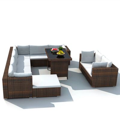 vidaXL 10-tlg. Garten-Lounge-Set mit Auflagen Poly Rattan Braun