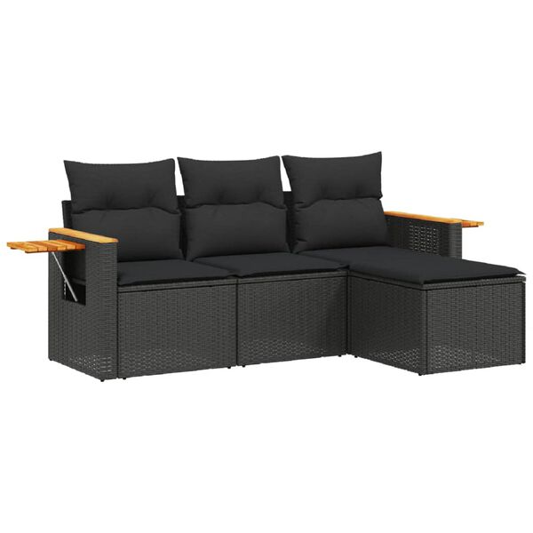 vidaXL 4-tlg. Garten-Sofagarnitur mit Kissen Schwarz Poly Rattan