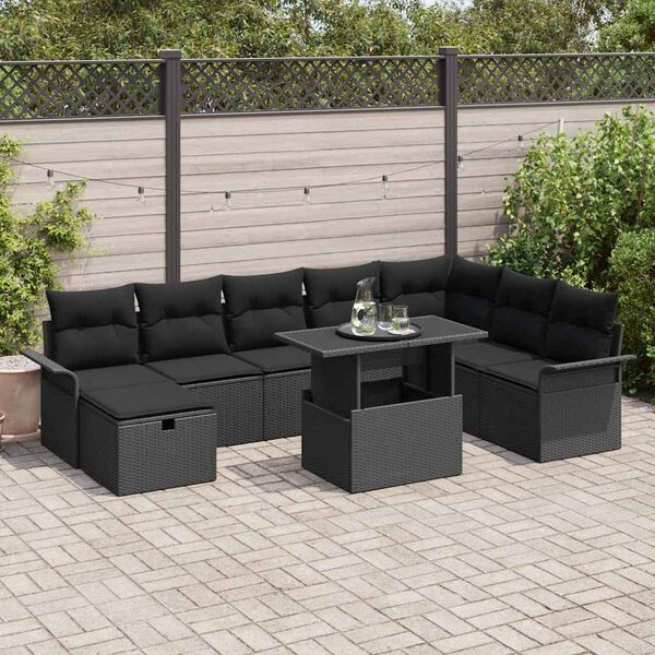 vidaXL Garten-Sofa-Set mit Kissen 9 pcs Schwarz Poly Rattan