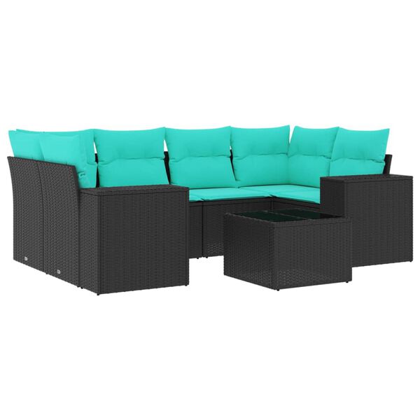 vidaXL 7-teiliges Gartensofa-Set mit Kissen, schwarzes Polyrattan