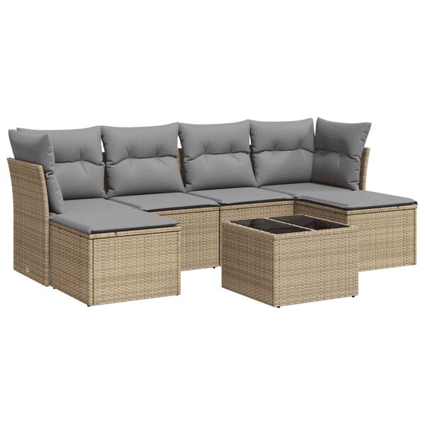 vidaXL 7-tlg. Garten-Sofagarnitur mit Kissen Beige Poly Rattan