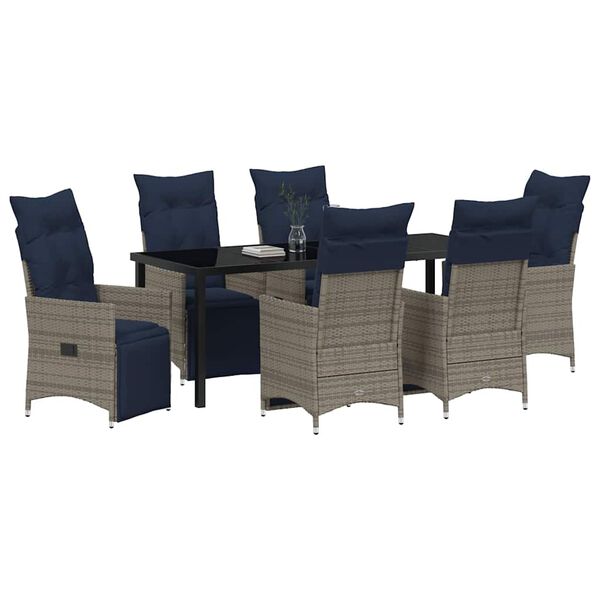 vidaXL Tisch- und Stuhlset mit Kissen 7 pcs Grau PE-Rattan