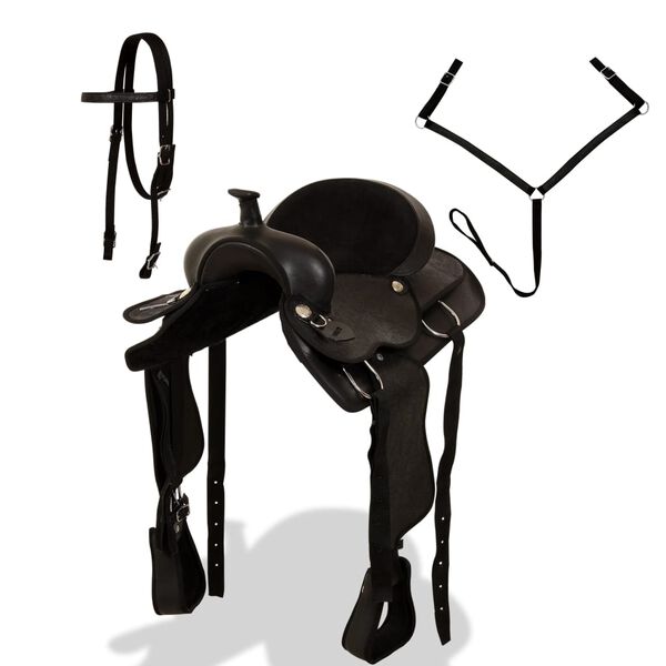 vidaXL Western-Sattel, Halfter & Brustblatt Echtleder 16" Schwarz