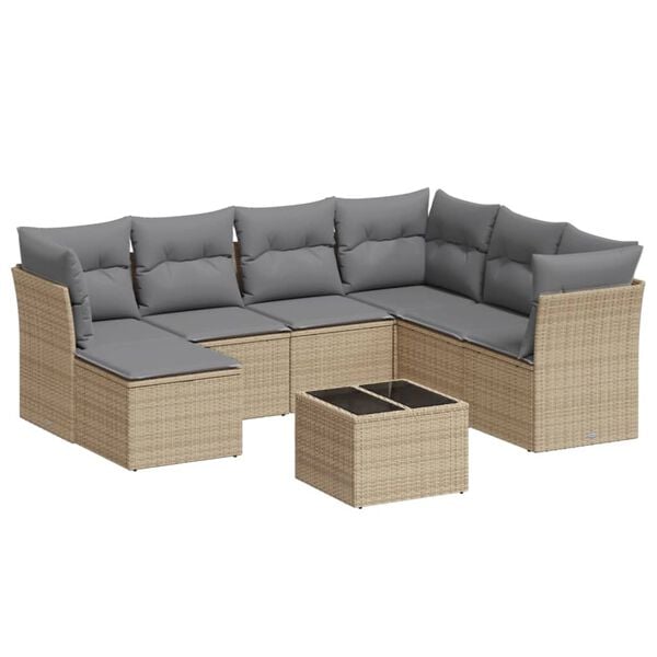 vidaXL 8-tlg. Garten-Sofagarnitur mit Kissen Beige Poly Rattan