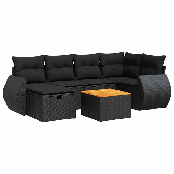 vidaXL 7-tlg. Garten-Sofagarnitur mit Kissen Schwarz Poly Rattan