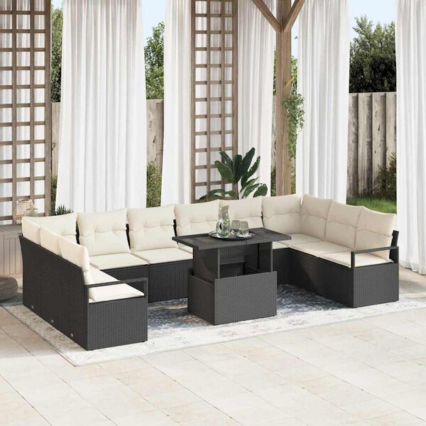 vidaXL Garten-Sofa-Set mit Kissen 11 pcs Schwarz und Creme Poly-Rattan