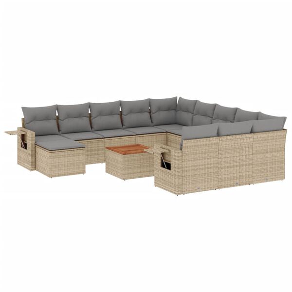 vidaXL 13-tlg. Garten-Sofagarnitur mit Kissen Beige Poly Rattan