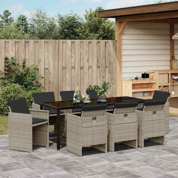 vidaXL Garten Essgruppe mit Kissen 9 pcs Hellgrau Poly-Rattan