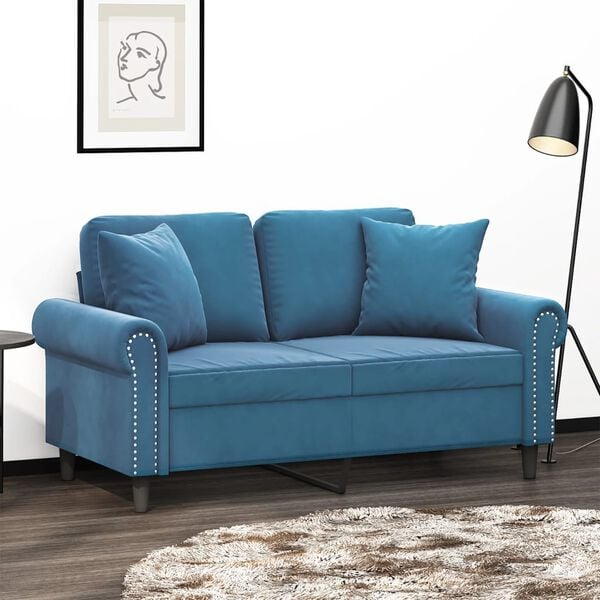 vidaXL 2-Sitzer-Sofa mit Zierkissen Blau 120 cm Samt