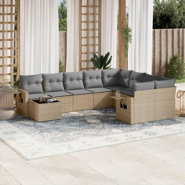 vidaXL 10-tlg. Garten-Sofagarnitur mit Kissen Beige Poly Rattan