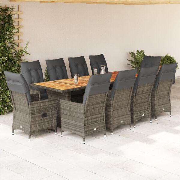 vidaXL 11-tlg. Garten-Bistro-Set mit Kissen Grau Poly Rattan