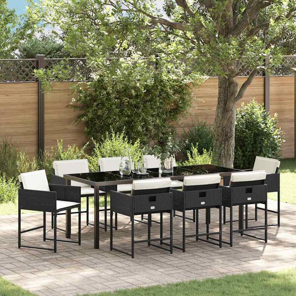 vidaXL Garten Essgruppe mit Kissen 9 pcs Schwarz Poly-Rattan
