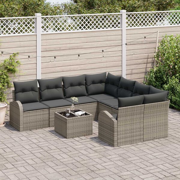 vidaXL Sofa Set mit Kissen mit Speicher 9 pcs Grau Poly-Rattan