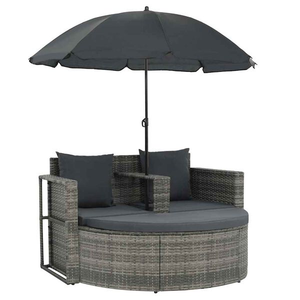 vidaXL Gartenbett mit Sonnenschirm Grau Poly Rattan