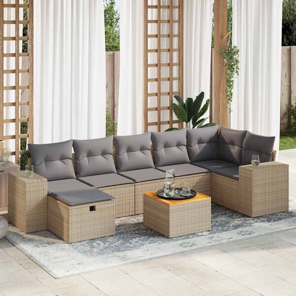 vidaXL 8-tlg. Garten-Sofagarnitur mit Kissen Beige Poly Rattan