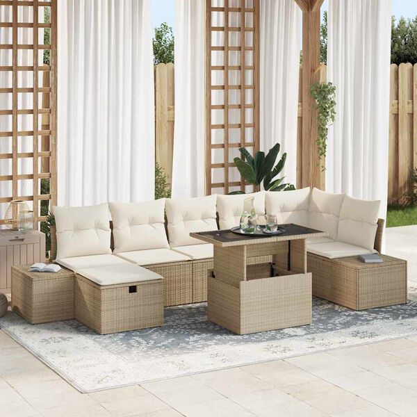 vidaXL Garten-Sofa-Set mit Kissen mit Speicher 8 pcs Beige Poly Rattan
