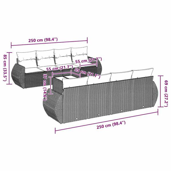 vidaXL 9-tlg. Garten-Sofagarnitur mit Kissen Hellgrau Poly Rattan