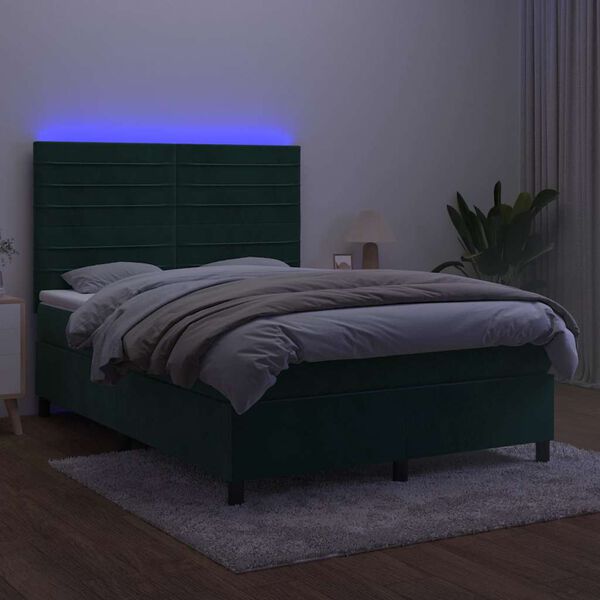 vidaXL Boxspringbett mit Matratze & LED Dunkelgr&uuml;n 140x200 cm Samt