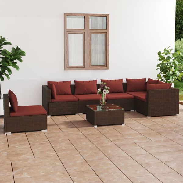 vidaXL 7-tlg. Garten-Lounge-Set mit Kissen Poly Rattan Braun
