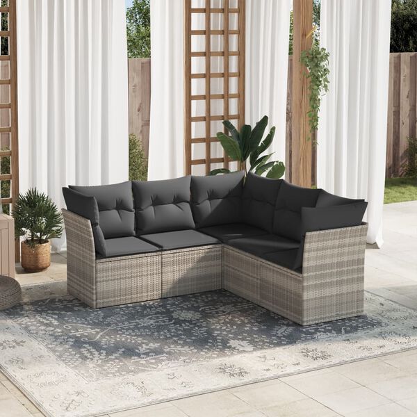 vidaXL 5-tlg. Garten-Sofagarnitur mit Kissen Hellgrau Poly Rattan