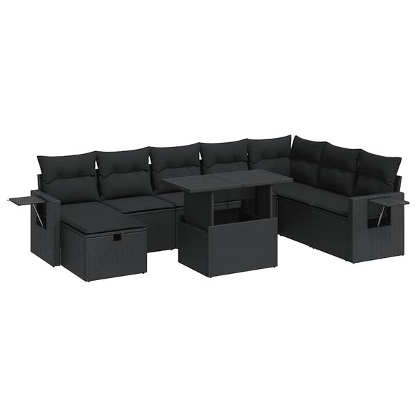 vidaXL 9-tlg. Garten-Sofagarnitur mit Kissen Schwarz Poly Rattan