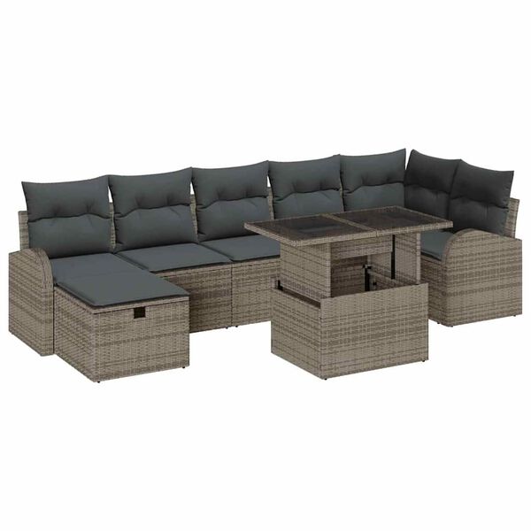 vidaXL Garten-Sofa-Set mit Kissen mit Speicher 8 pcs Grau Poly Rattan