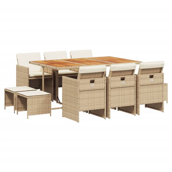 vidaXL 11-tlg. Garten-Essgruppe mit Kissen Beige Poly Rattan