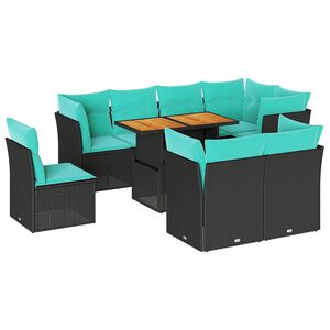 vidaXL 9-tlg. Garten-Sofagarnitur mit Kissen Schwarz Poly Rattan