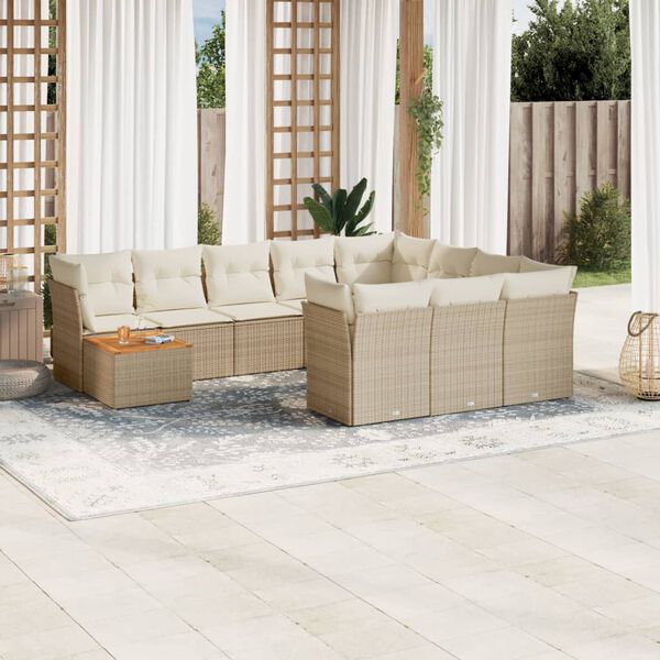 vidaXL 11-tlg. Garten-Sofagarnitur mit Kissen Beige Poly Rattan