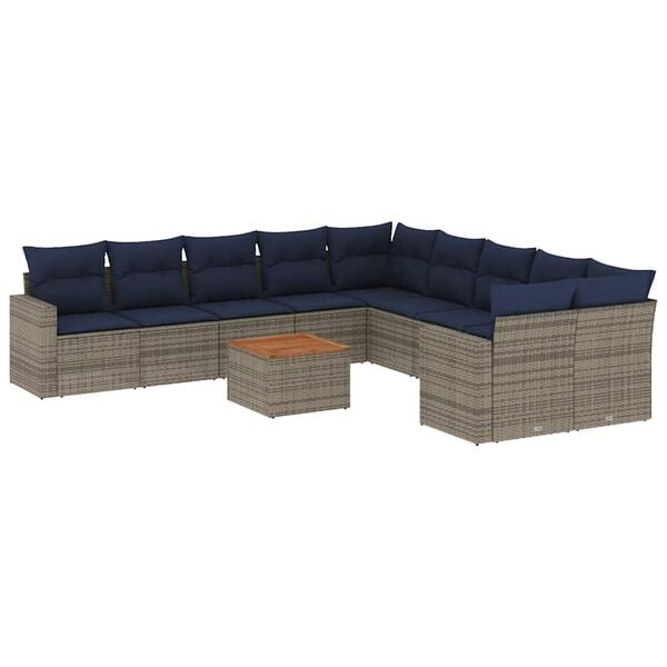 vidaXL 11-tlg. Garten-Sofagarnitur mit Kissen Grau Poly Rattan