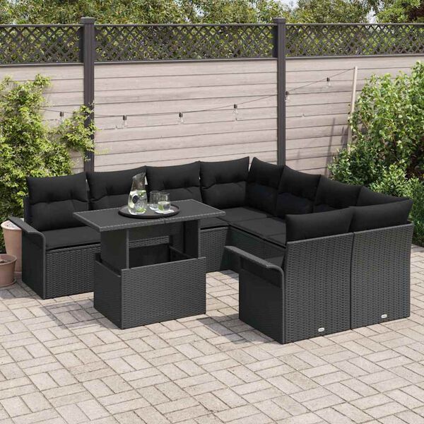vidaXL Garten-Sofa-Set mit Kissen 9 pcs Schwarz Poly Rattan