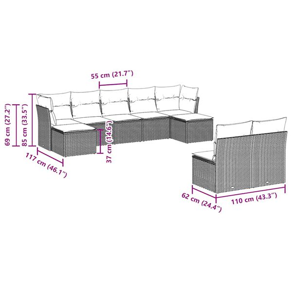 vidaXL 9-tlg. Garten-Sofagarnitur mit Kissen Schwarz Poly Rattan