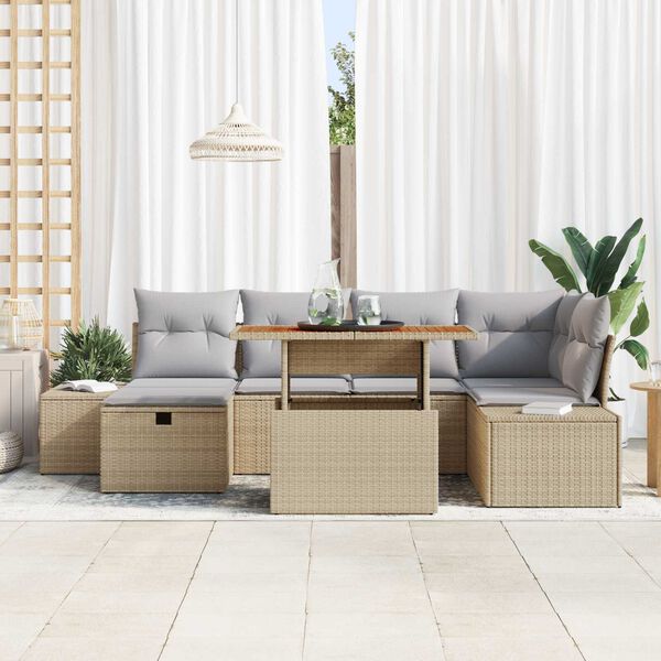 vidaXL Garten-Sofa-Set mit Kissen mit Speicher 7 pcs Beige Poly Rattan