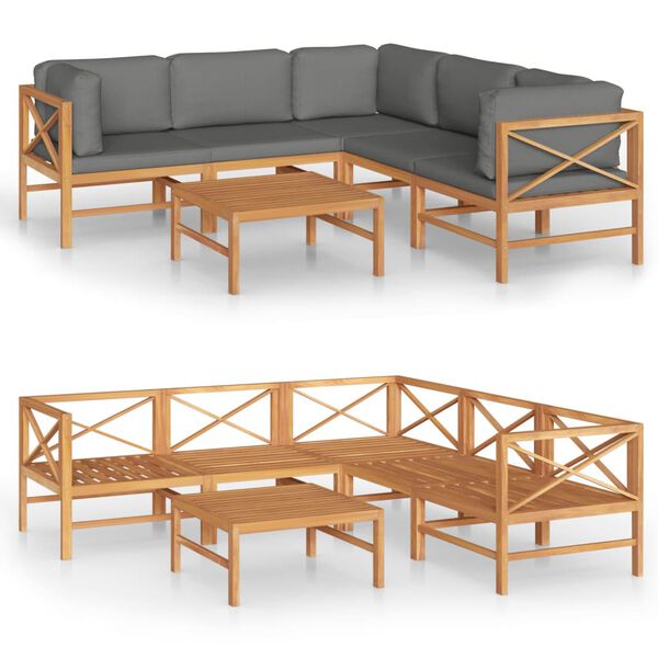 vidaXL 6-tlg. Garten-Lounge-Set mit Grauen Kissen Massivholz Teak