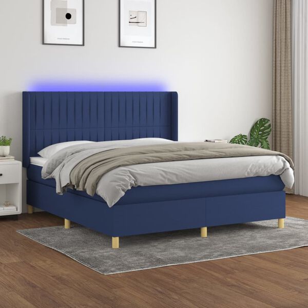 vidaXL Boxspringbett mit Matratze & LED Blau 160x200 cm Stoff
