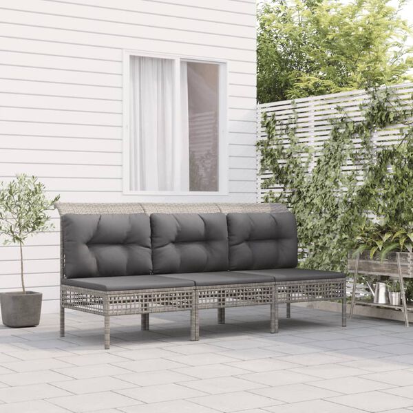 vidaXL 3-tlg. Garten-Lounge-Set mit Kissen Grau Poly Rattan