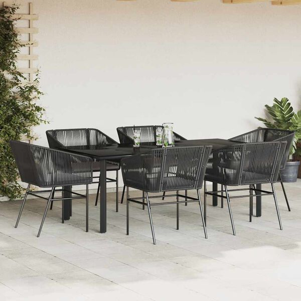 vidaXL 7-tlg. Garten-Essgruppe mit Kissen Schwarz Poly Rattan Glas