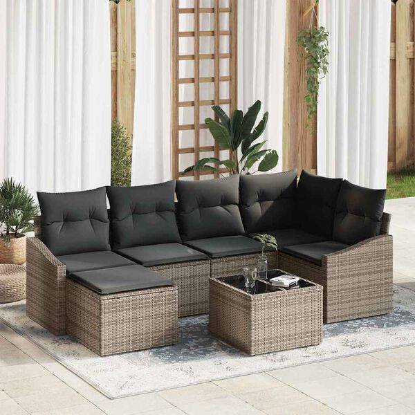 vidaXL Sofa Set mit Kissen 7 pcs Grau Poly Rattan