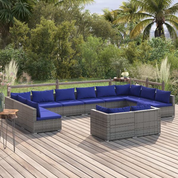 vidaXL 12-tlg. Garten-Lounge-Set mit Kissen Grau Poly Rattan