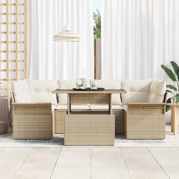 vidaXL Gartensofa-set mit Kissen mit Speicher 7 pcs Beige Poly Rattan