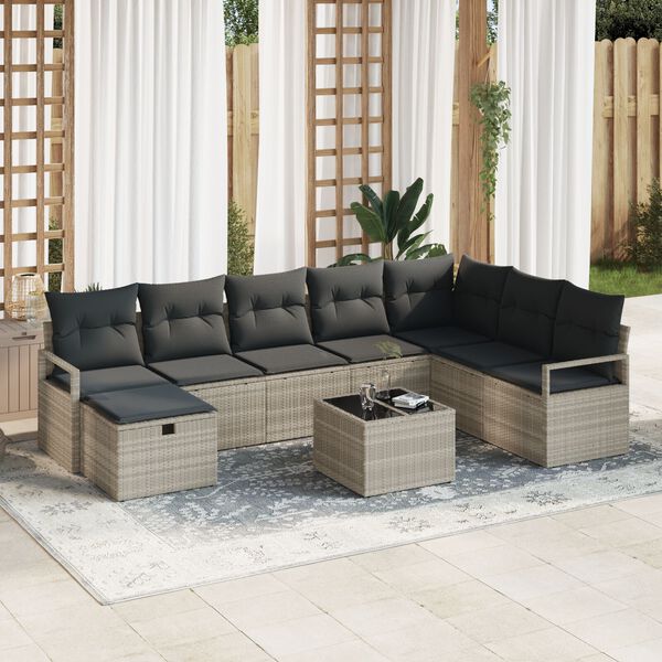 vidaXL Sofa Set mit Kissen mit Speicher 9 pcs Hellgrau Poly-Rattan
