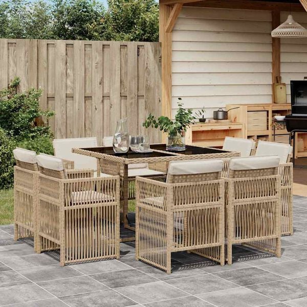 vidaXL 9-tlg. Garten-Essgruppe mit Kissen Beige Poly Rattan
