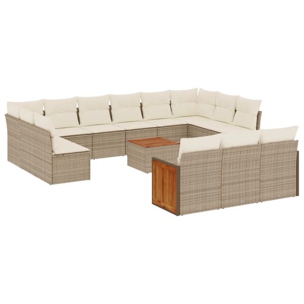 vidaXL 14-tlg. Garten-Sofagarnitur mit Kissen Beige Poly Rattan