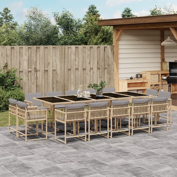 vidaXL 15-tlg. Garten-Essgruppe mit Kissen Beigemischung Poly Rattan