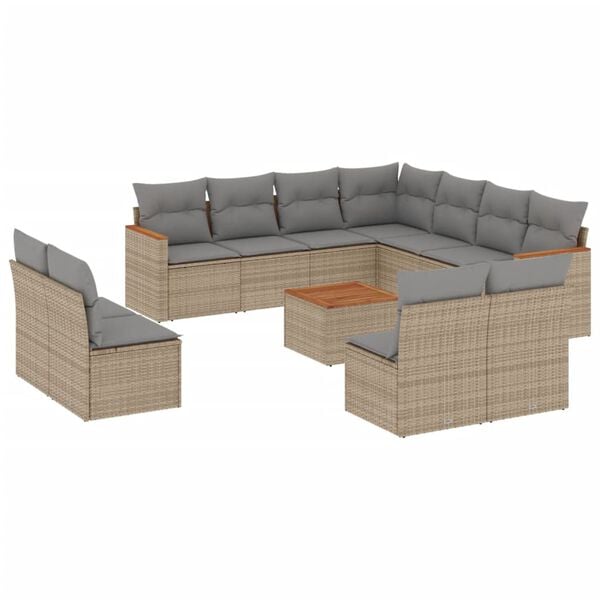 vidaXL 12-tlg. Garten-Sofagarnitur mit Kissen Beige Poly Rattan