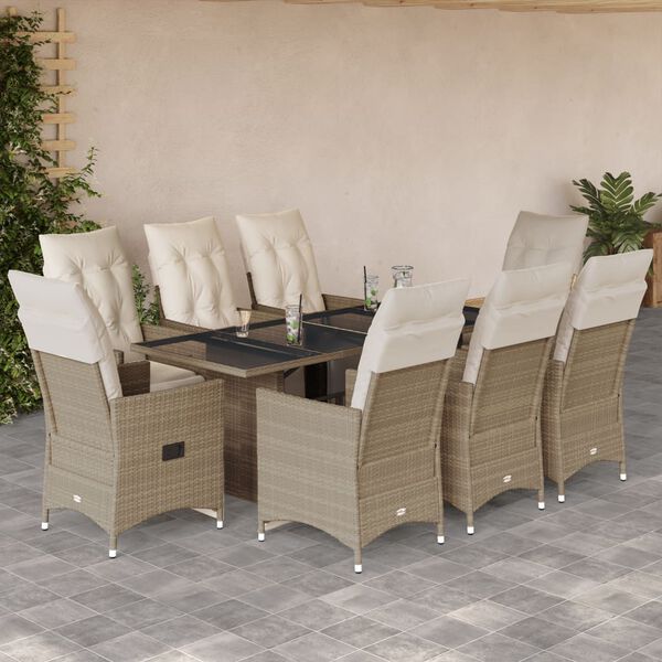 vidaXL 9-tlg. Garten-Bistro-Set mit Kissen Beige Poly Rattan