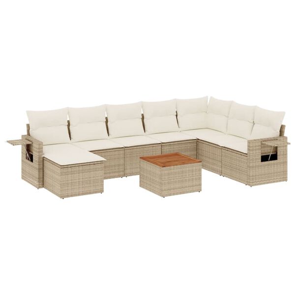 vidaXL 9-tlg. Garten-Sofagarnitur mit Kissen Beige Poly Rattan